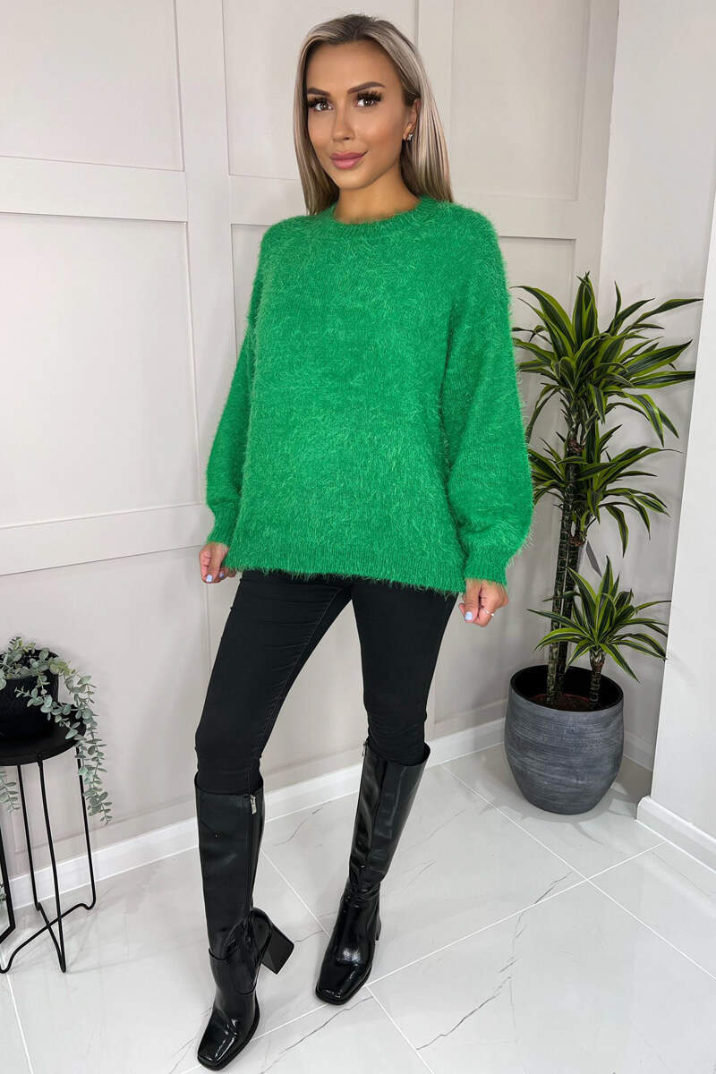 Green Soft Knit Round Neck Long balloon Sleeve Knitted Jumper - Swimclubus