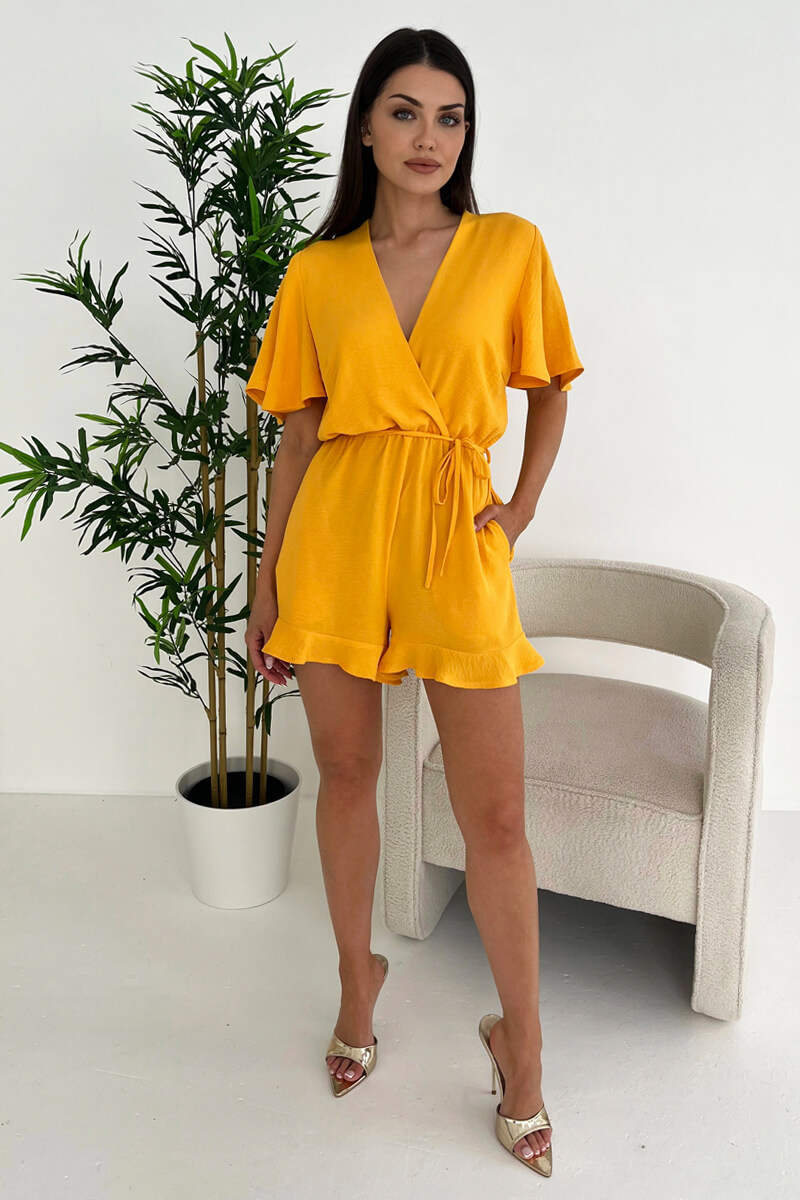 Yellow Butterfly Sleeve Wrap Top Tie Waist Playsuit - Swimclubus