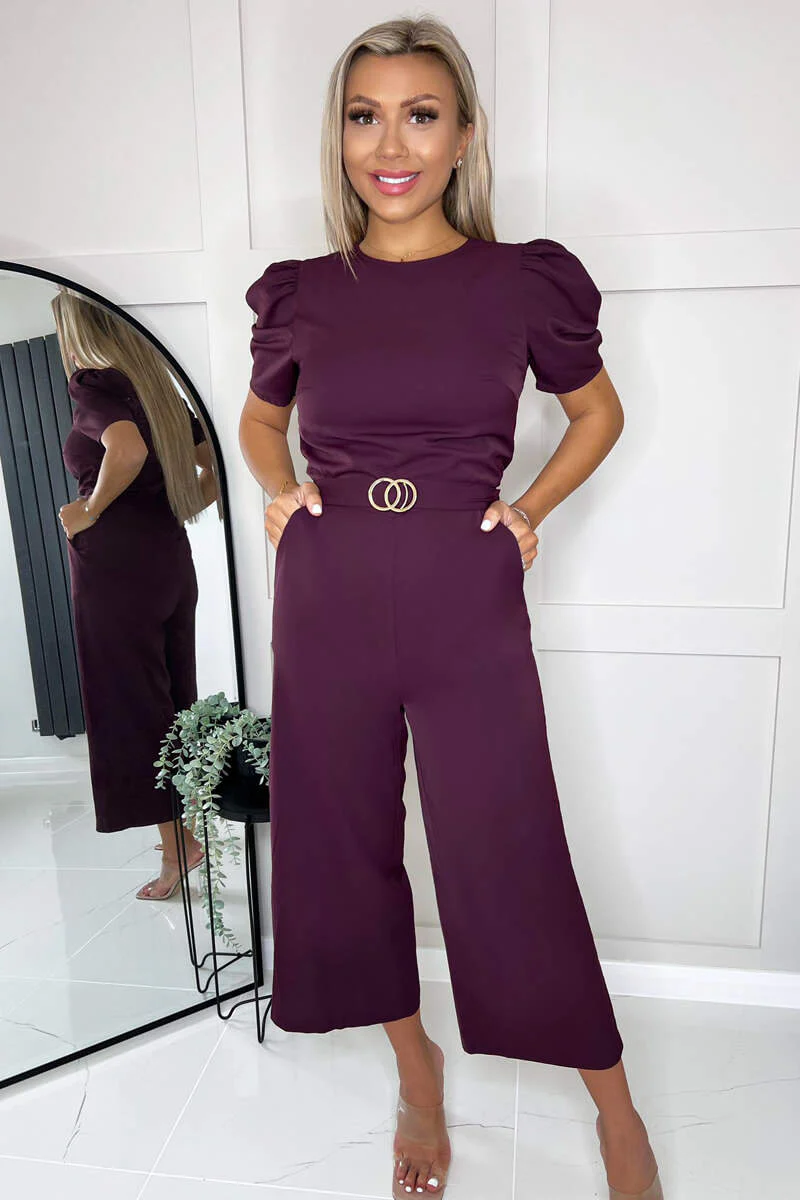 Plum Short Sleeve Belted Jumpsuit - Swimclubus