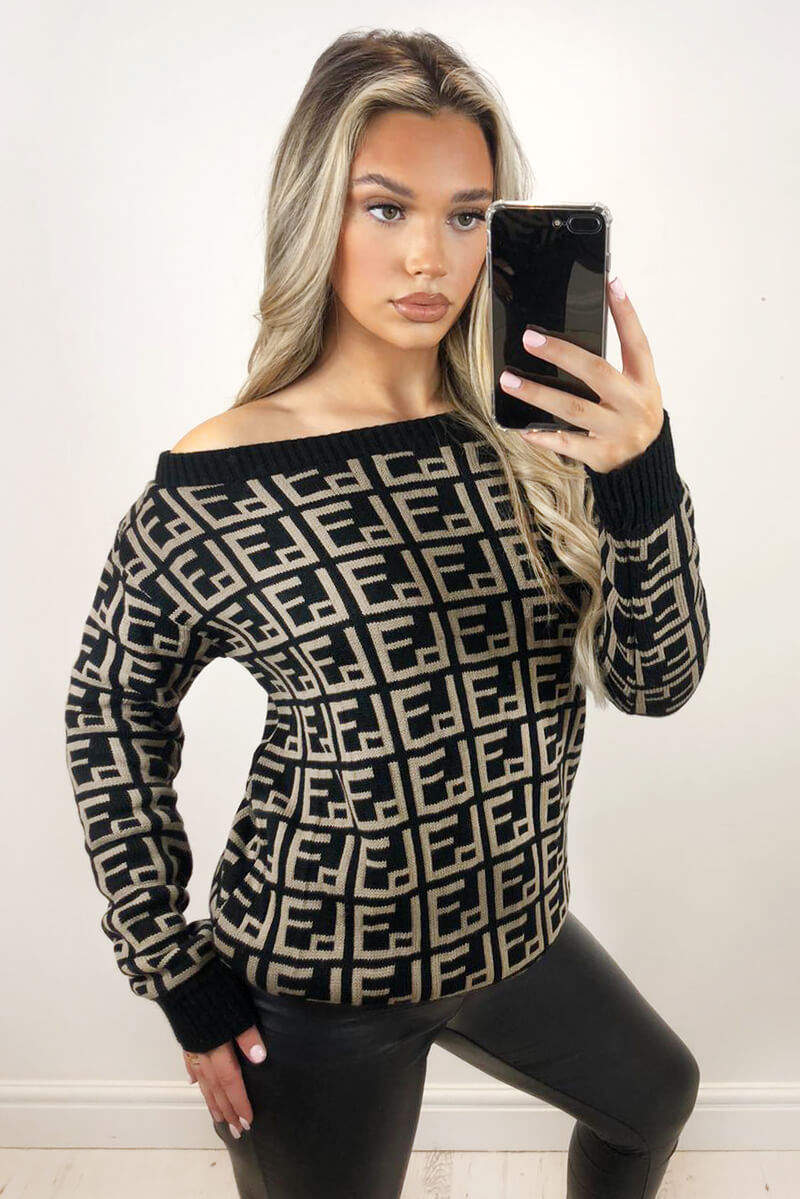 Black Printed Off The Shoulder Knit Jumper - Swimclubus