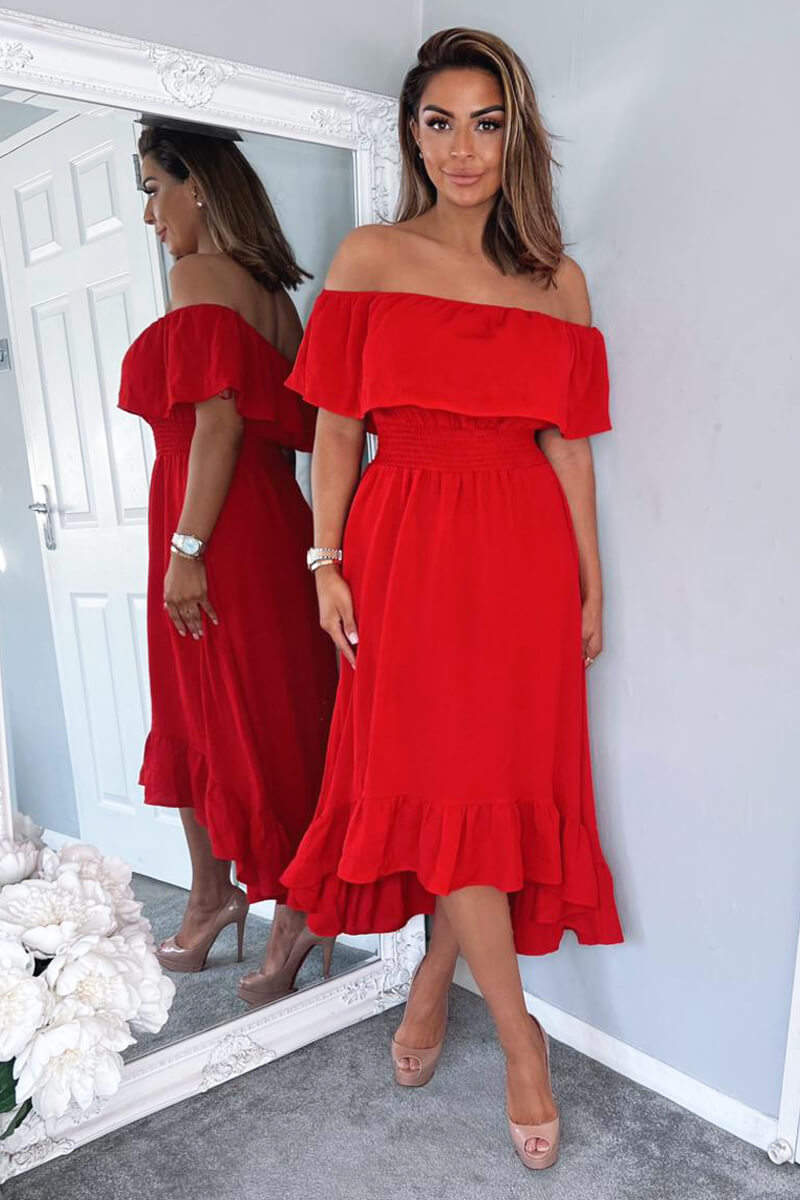 Red Bardot Style Midi Dress - Swimclubus