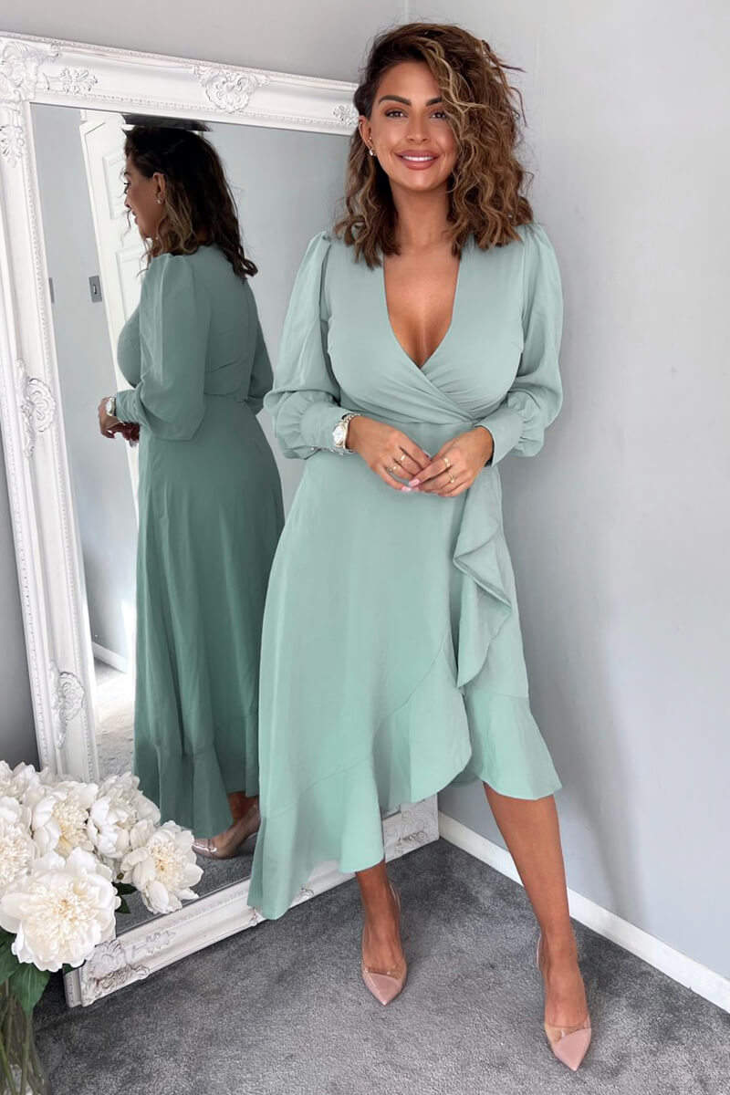 Duck Egg Long Sleeve Frill Wrap Midi Dress - Swimclubus