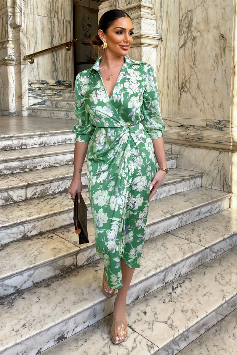 Green Floral Wrap Shirt Midi Dress - Swimclubus