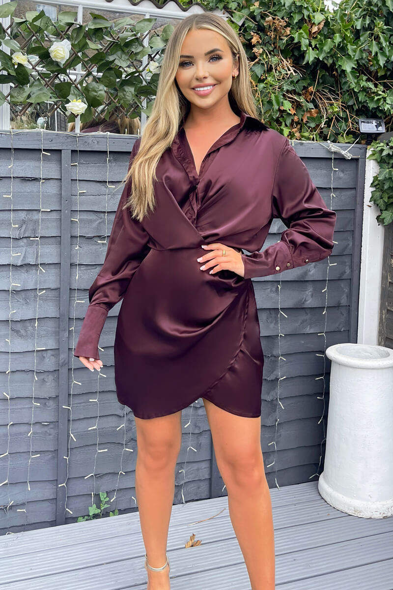 Plum Satin Wrap Shirt Dress - Swimclubus