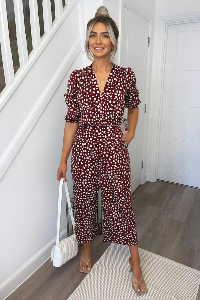 Plum Spot Printed Wrap Front Jumpsuit - Swimclubus