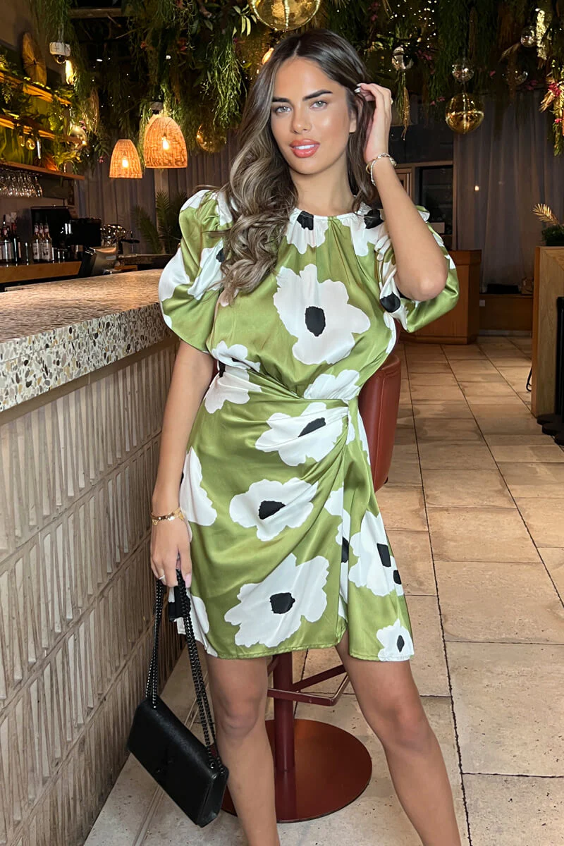 Olive Floral Printed Short Puff Sleeve Gathered Side Mini Dress - Swimclubus