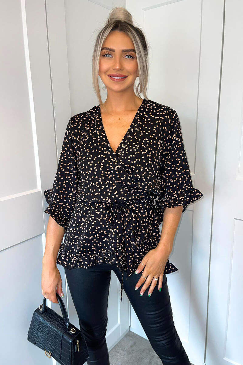 Black Heart Print Frill Hem Wrap Top - Swimclubus