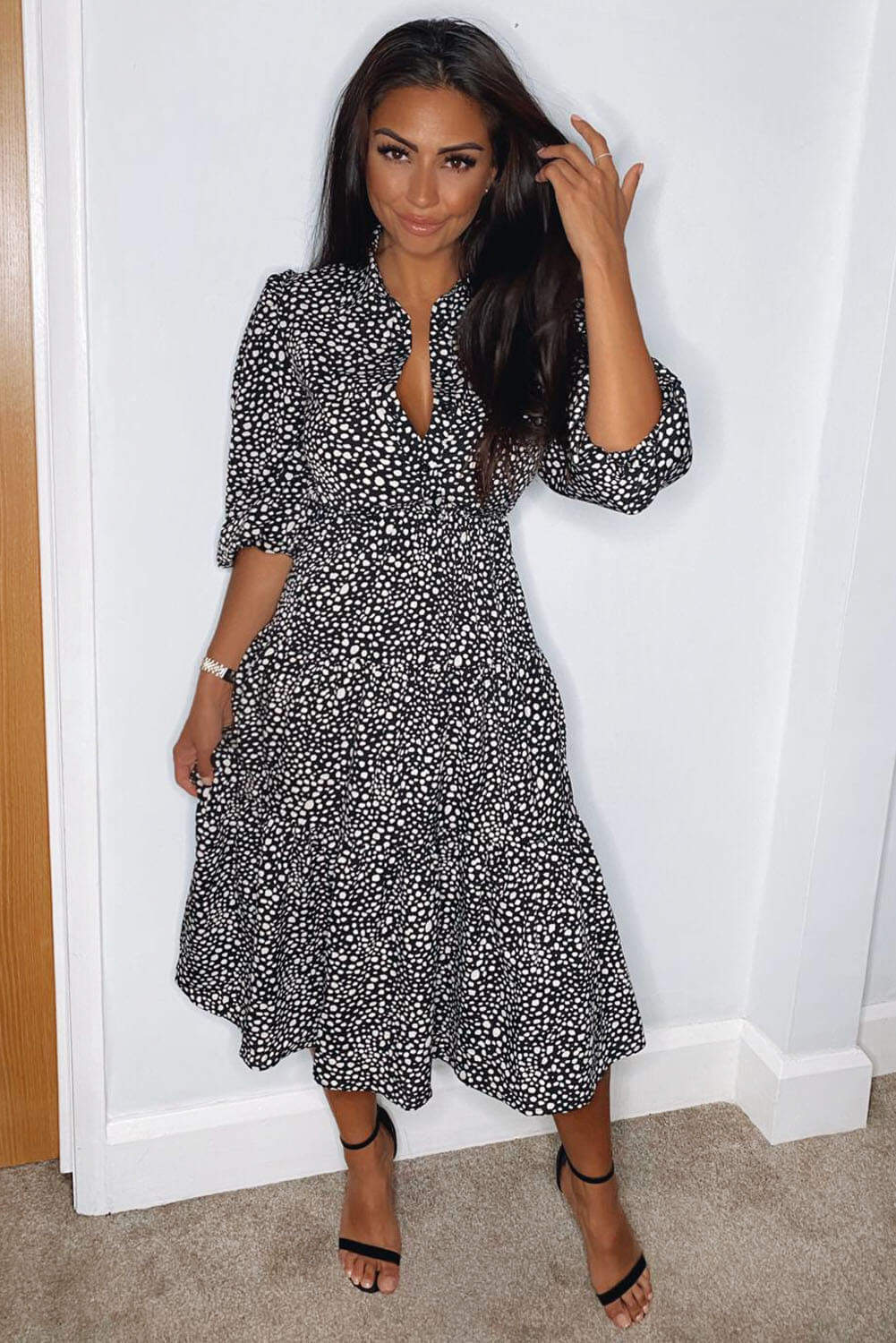 Black Printed Button Up Swing Midi Dress - Swimclubus