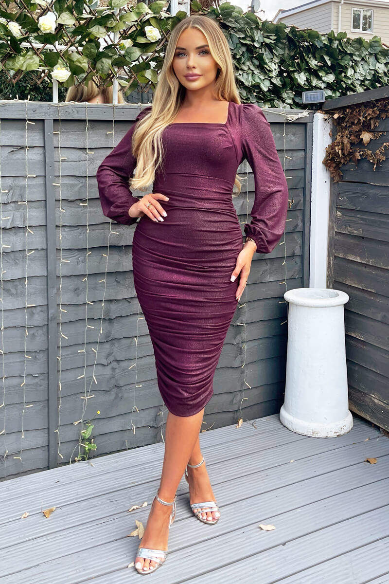 Plum Square Neck Long Sleeve Ruched Shimmer Midi Dress - Swimclubus