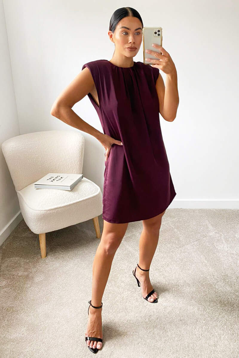 Plum Padded Shoulder Shift Dress - Swimclubus