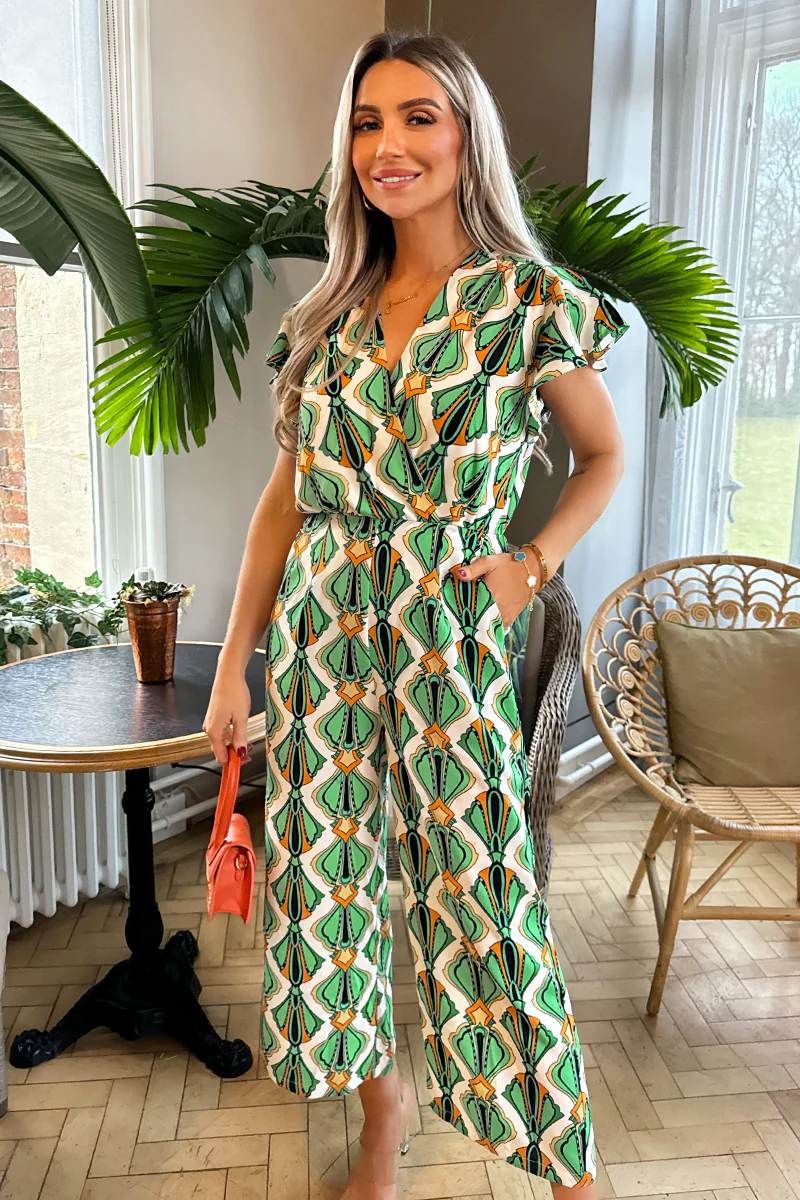 Multi Printed Short Sleeve Wrap Top Jumpsuit - Swimclubus