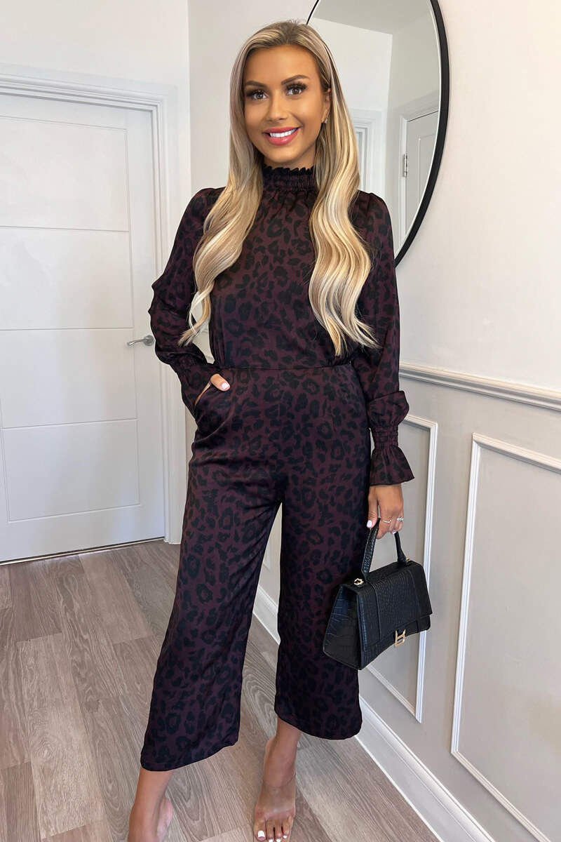 Plum Animal Print High Neck Long Sleeve Jumpsuit - Swimclubus