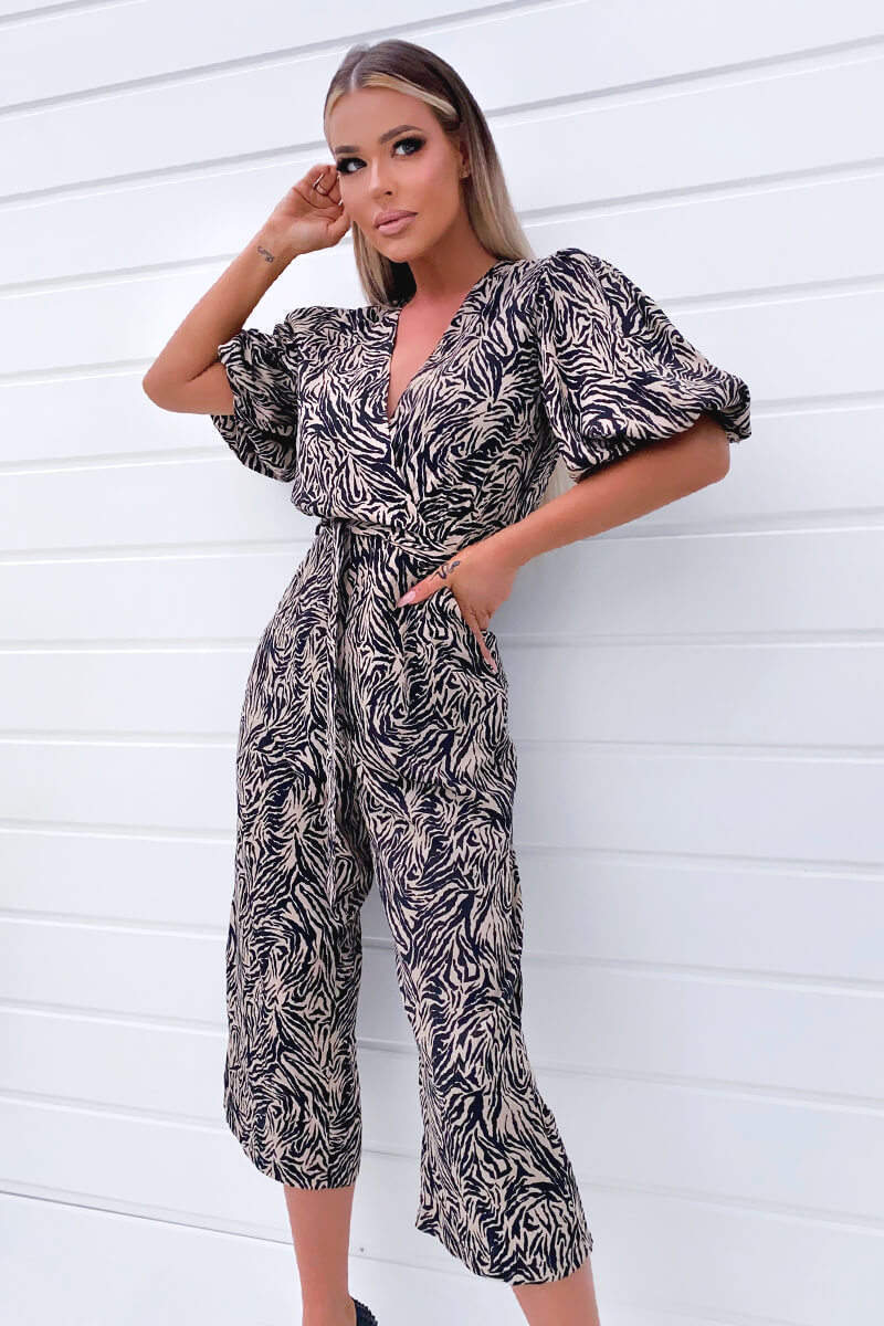 Black Animal Printed Wrap Tie Waist Jumpsuit - Swimclubus
