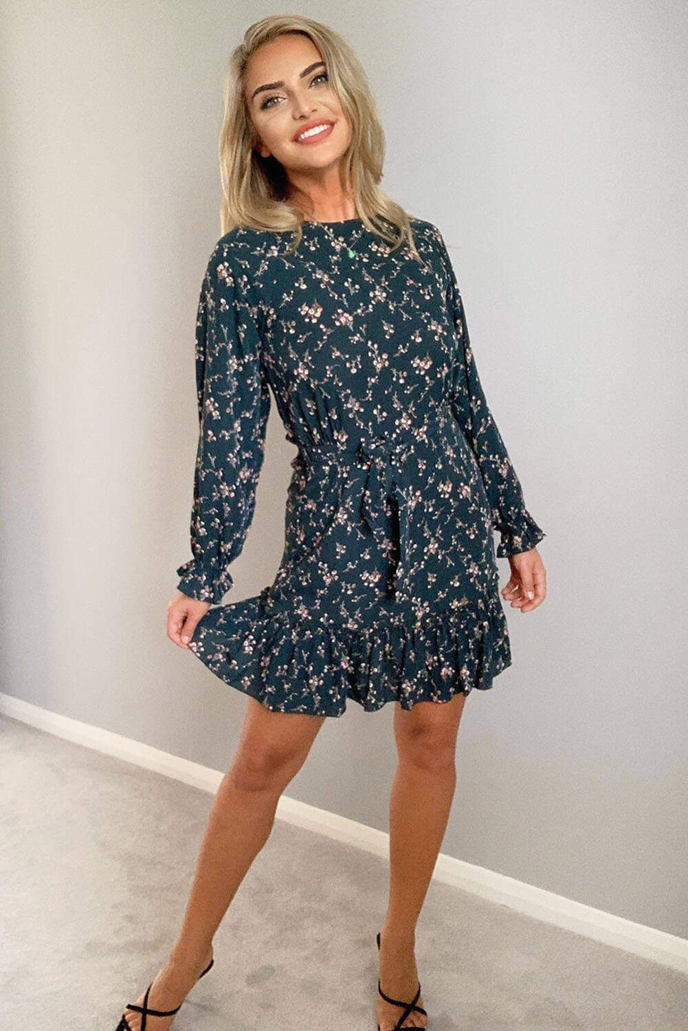 Teal Floral Frill Tie Waist Dress - Swimclubus