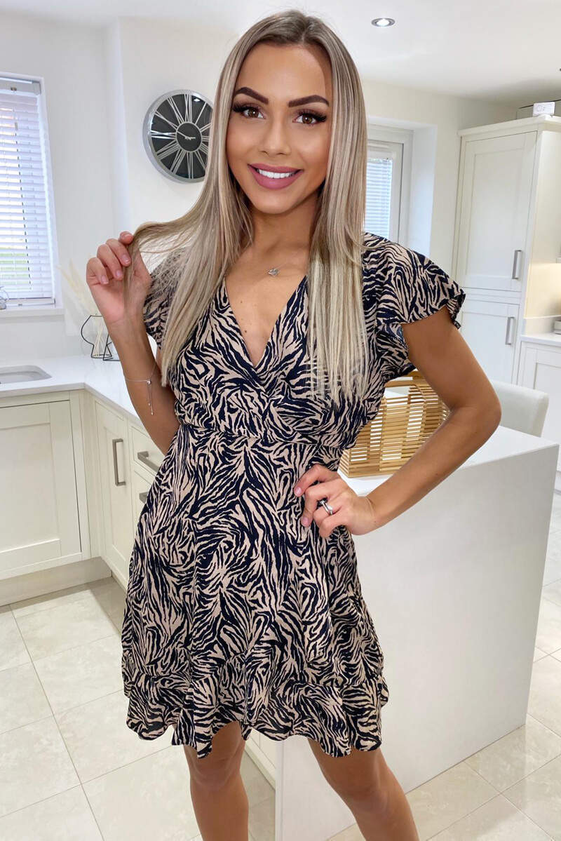 Black Animal Printed Frill Wrap Dress - Swimclubus