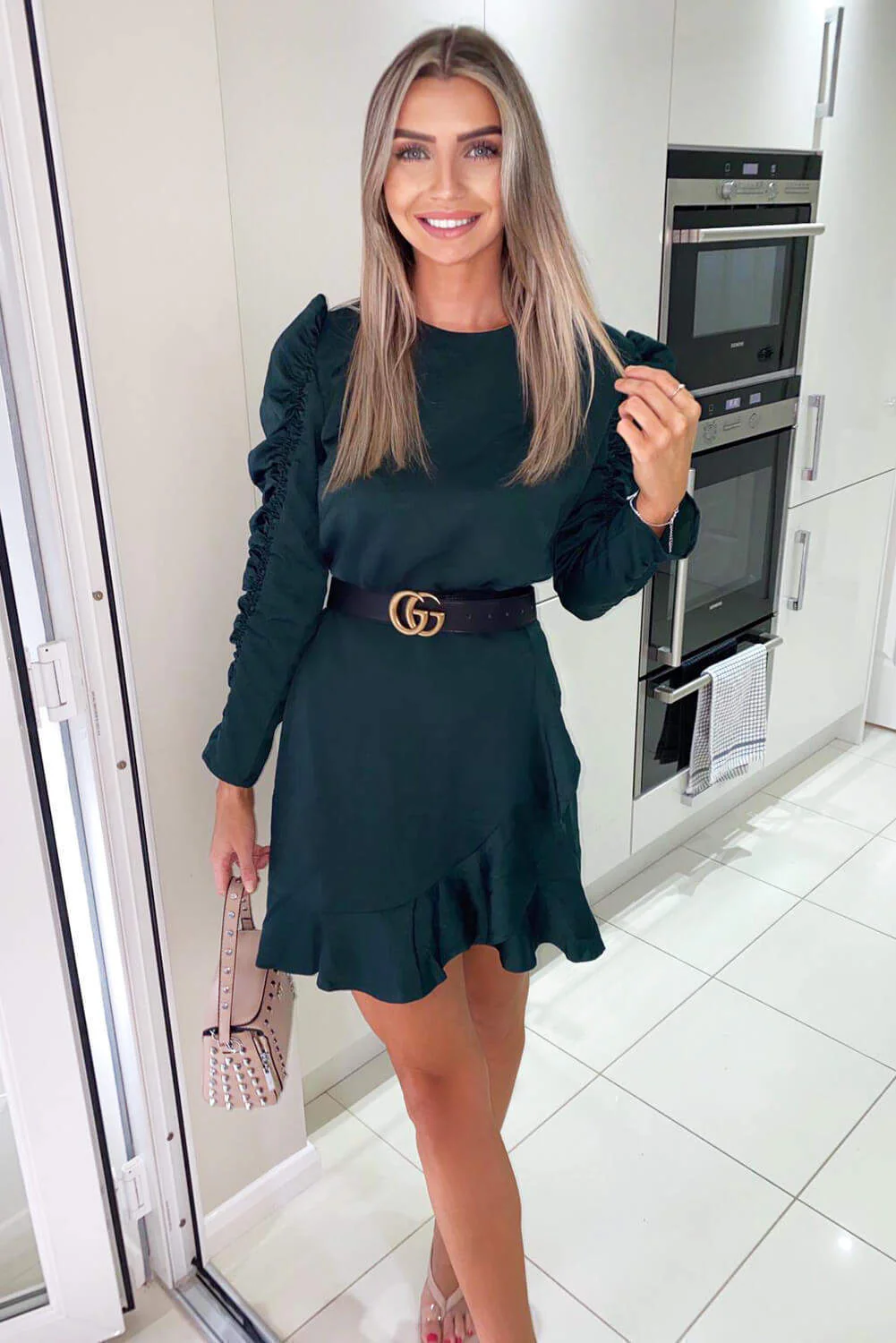 Teal Ruched Sleeve Skater Dress - Swimclubus