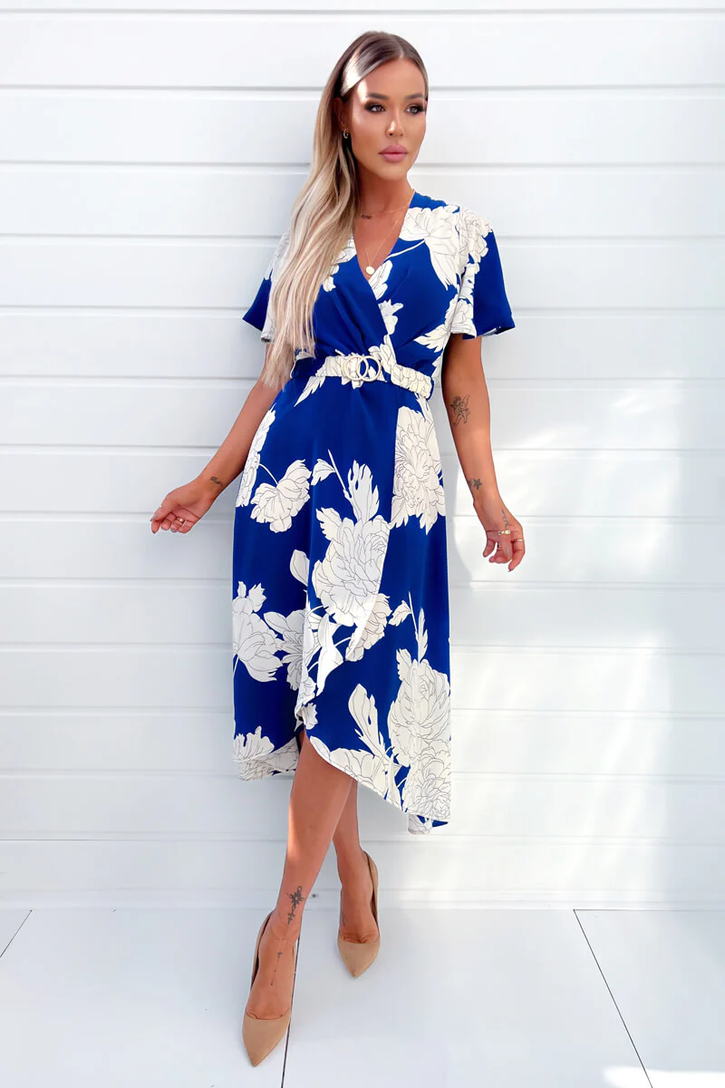 Blue And Cream Floral Printed Short Sleeve Belted Midi Dress - Swimclubus