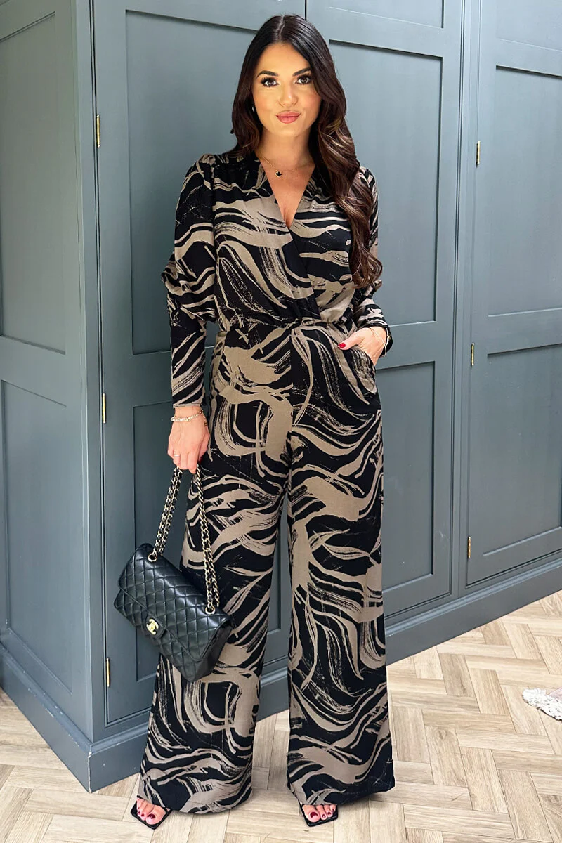Black and Khaki Print Wrap Top Jumpsuit - Swimclubus