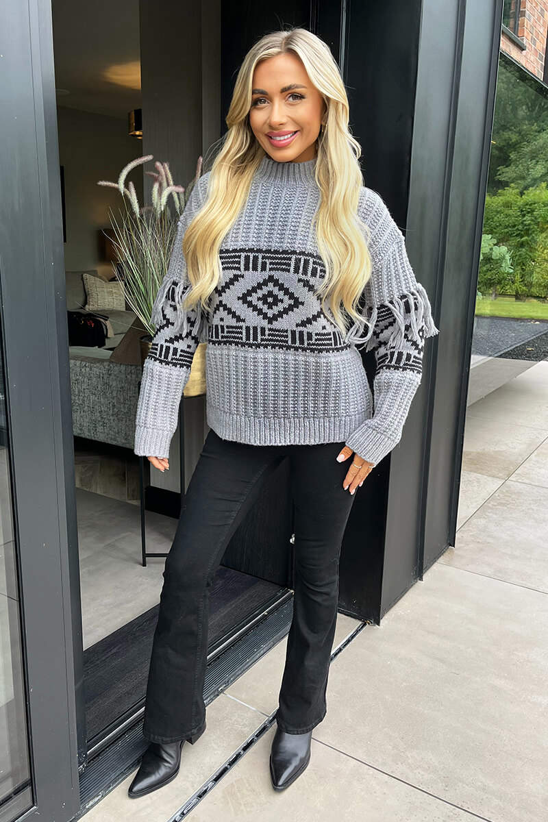 Mid Grey Fairisle Fringe Sleeve Detail Knitted Jumper - Swimclubus