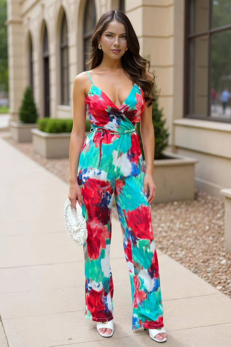 Multi Tie Dye Printed Strappy Tie Waist Jumpsuit - Swimclubus