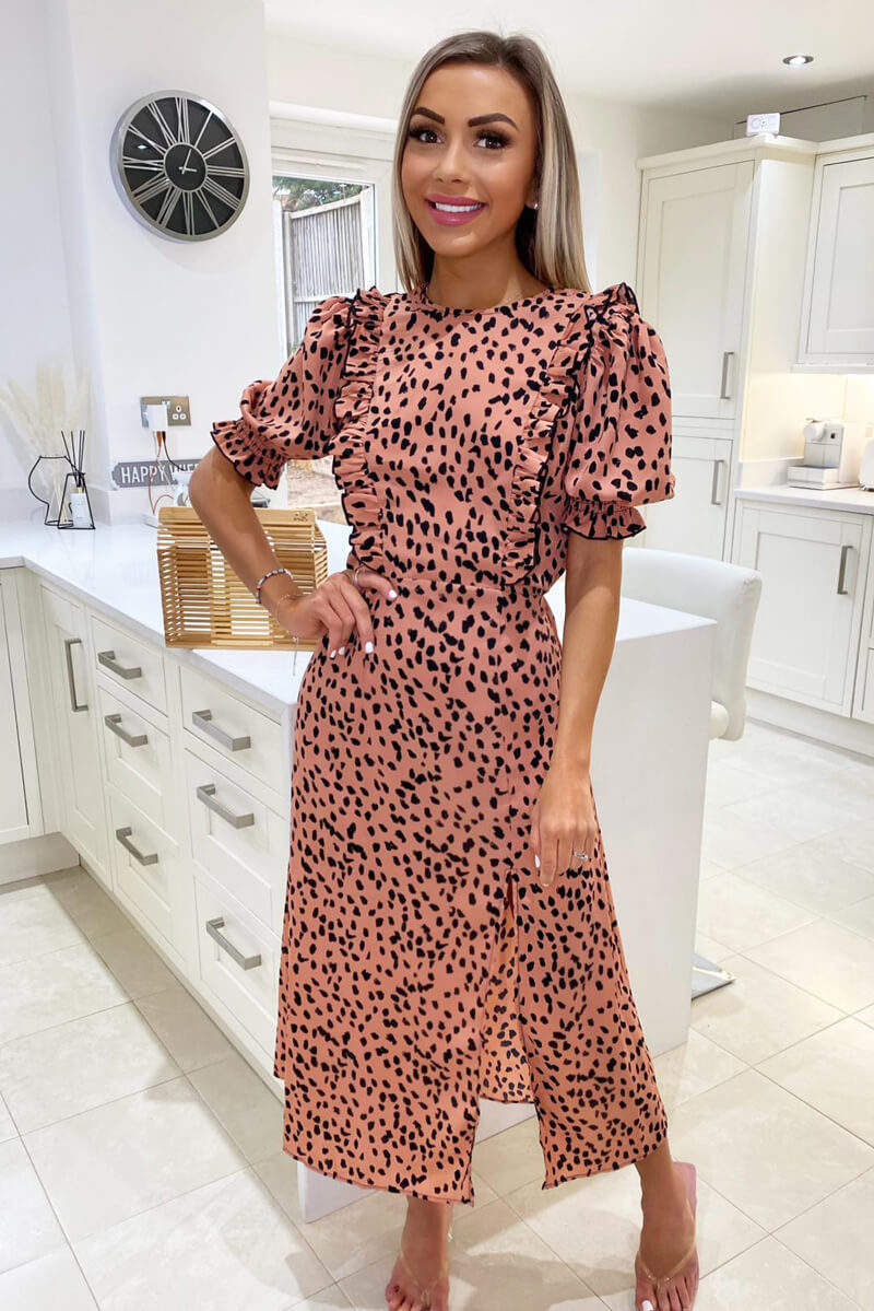 Peach Printed Ruffle Split Leg Midi Dress - Swimclubus