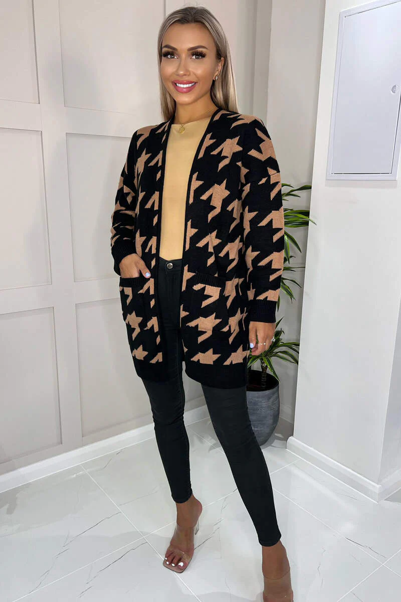 Black and Camel Dogtooth Cardigan With Pockets - Swimclubus