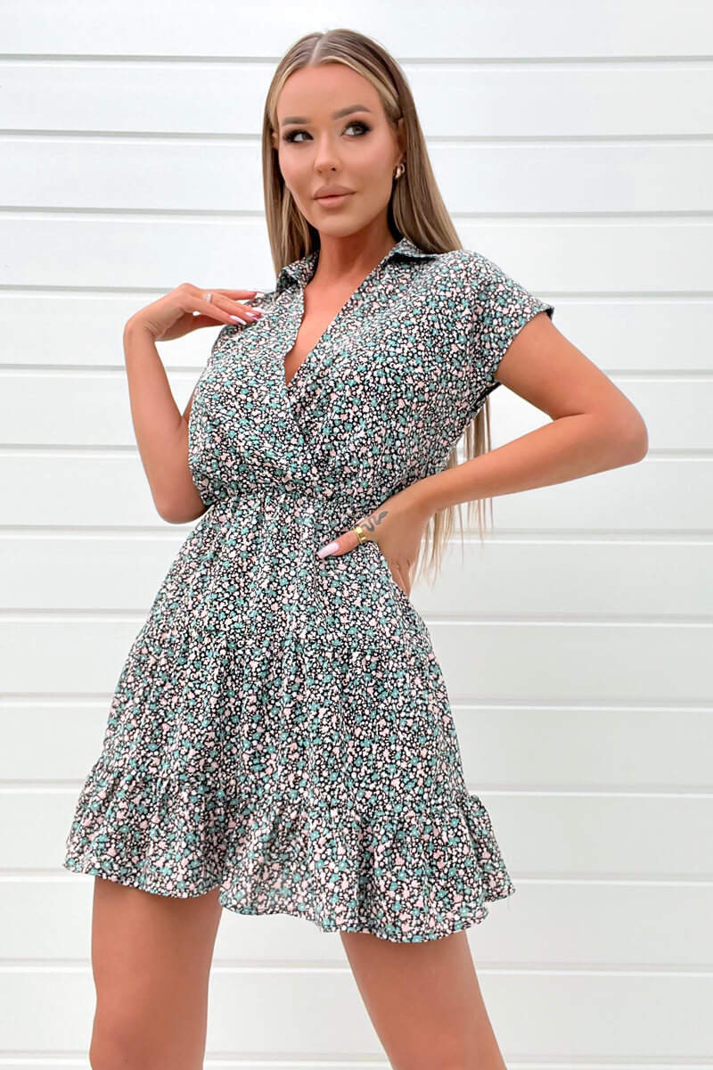 Black Floral Printed Short Sleeve Mini Dress - Swimclubus