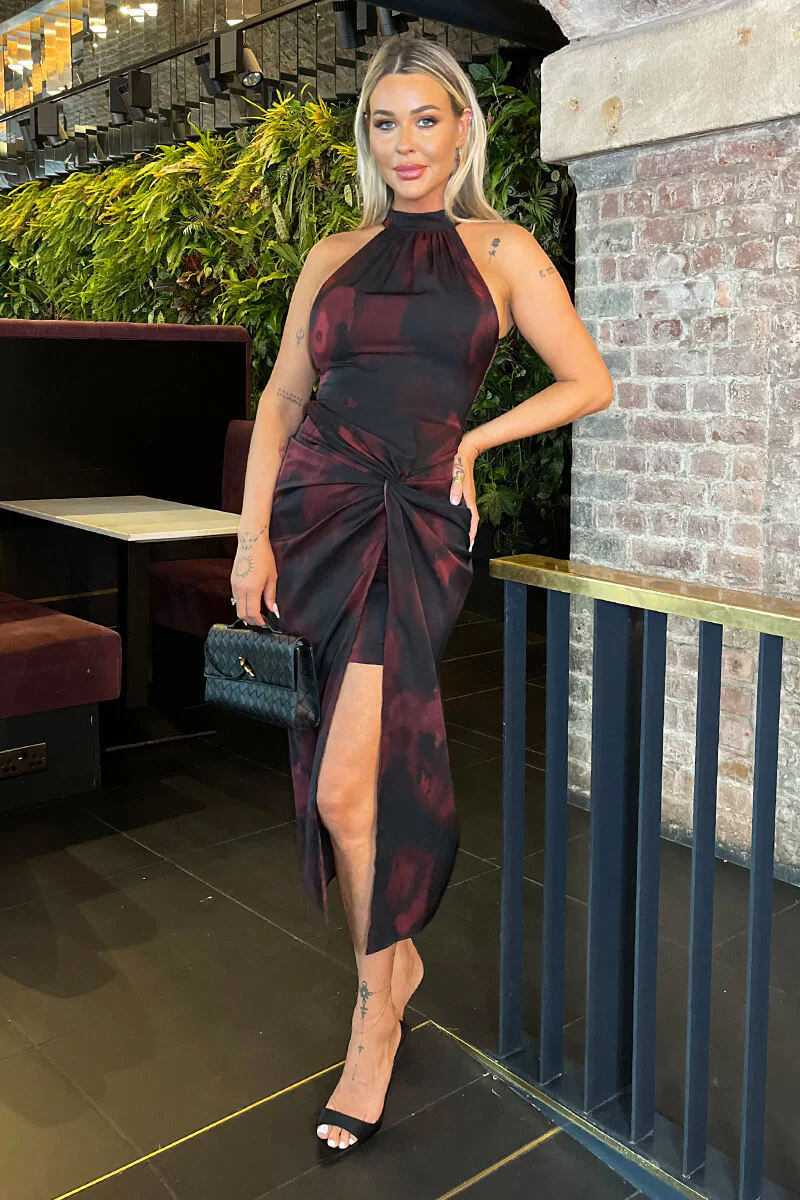 Burgundy And Black Smudge Print Halter Neck Knot Skirt Midi Dress - Swimclubus