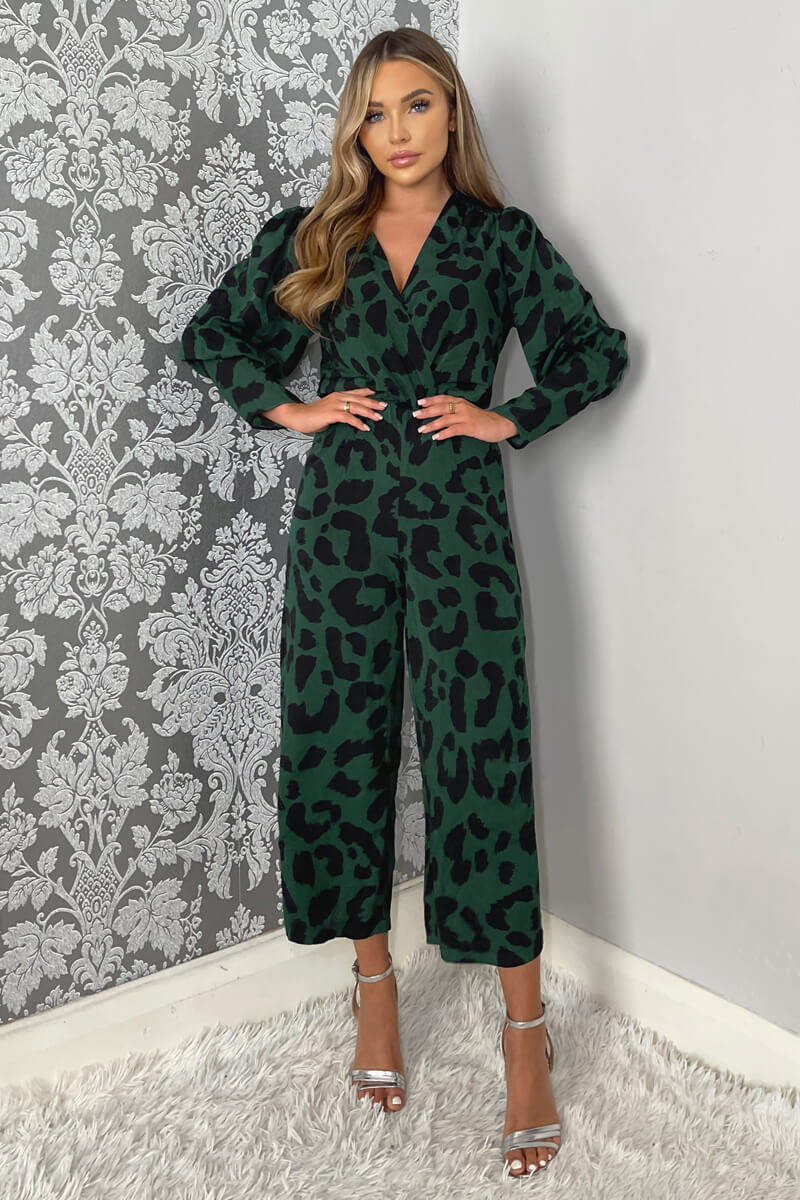 Green Leopard Print Wrap Top Culotte Jumpsuit - Swimclubus