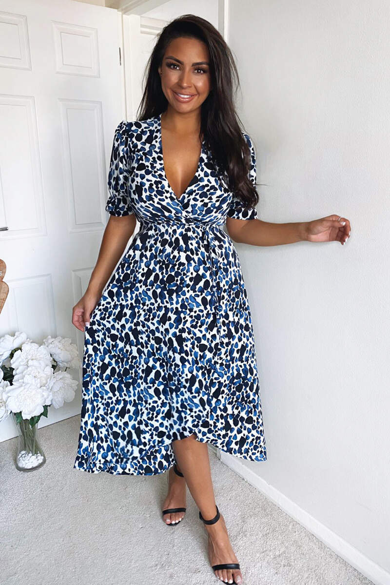 Blue Printed Wrap Tie Midi Dress - Swimclubus