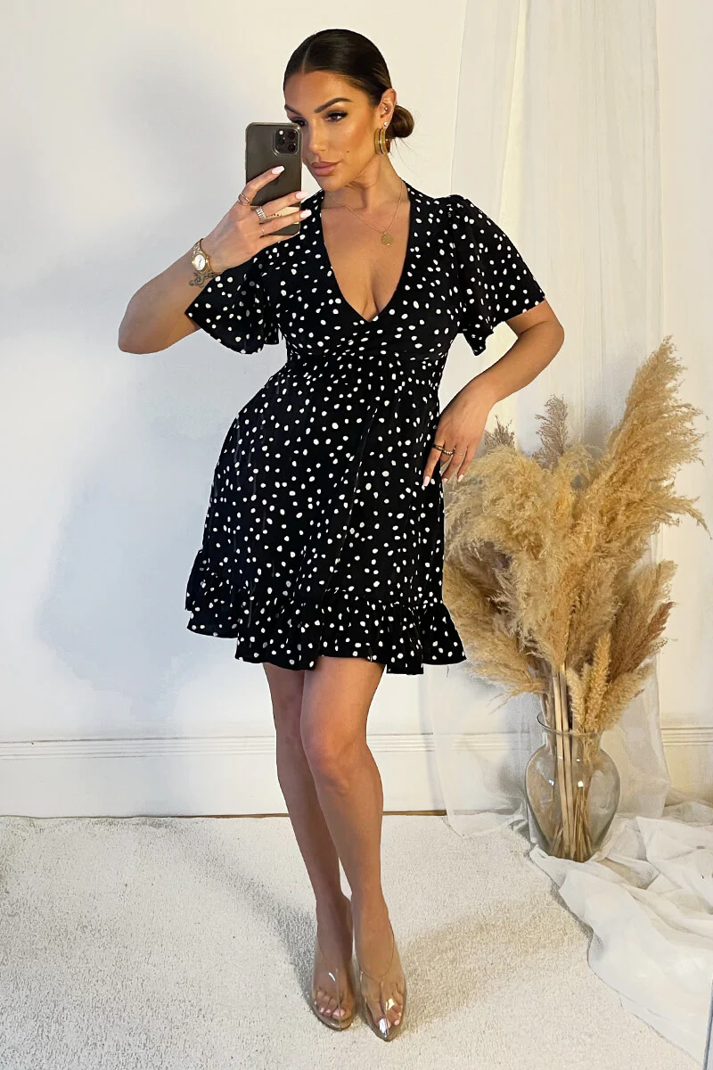 Black And White Polka Dot Print Wrap Top Frill Hem Dress - Swimclubus