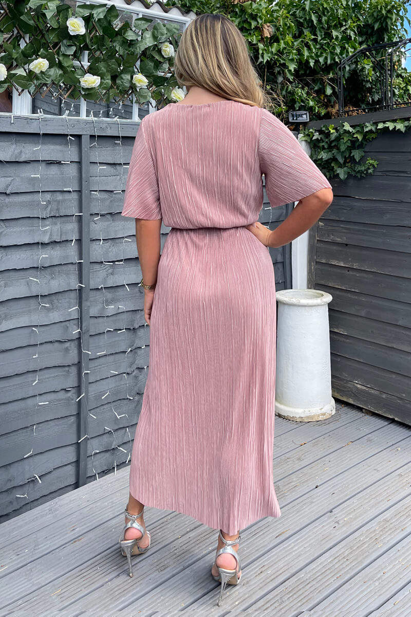 Champagne Wrap Top Belted Short Sleeve Plisse Midi Dress - Swimclubus