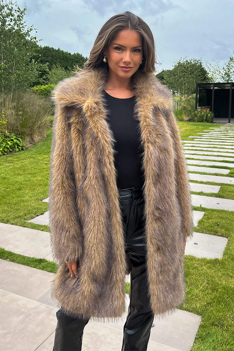 Brown Faux Fur Long Jacket - Swimclubus
