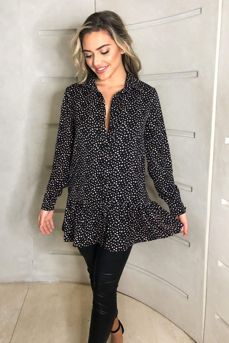 Black Spotty Frill Hem Shirt Dress - Swimclubus