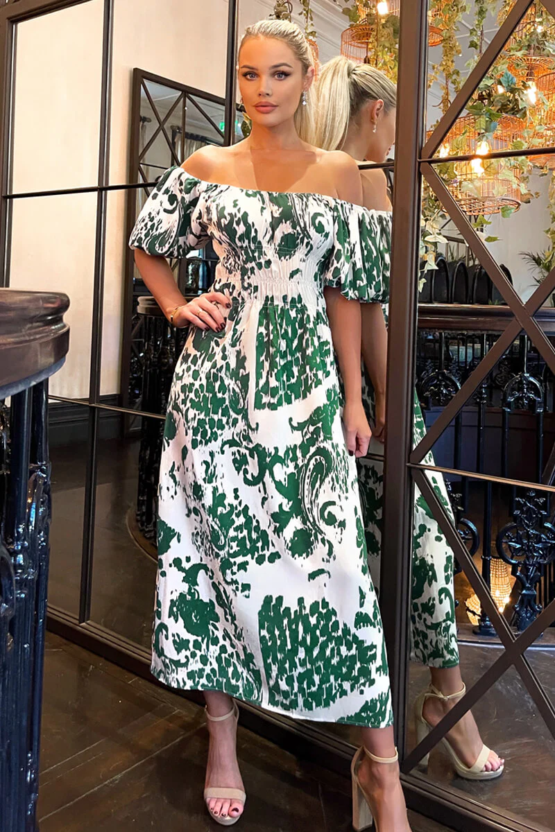 Cream and Green Printed Elasticated Waist Bardot Midi Dress - Swimclubus