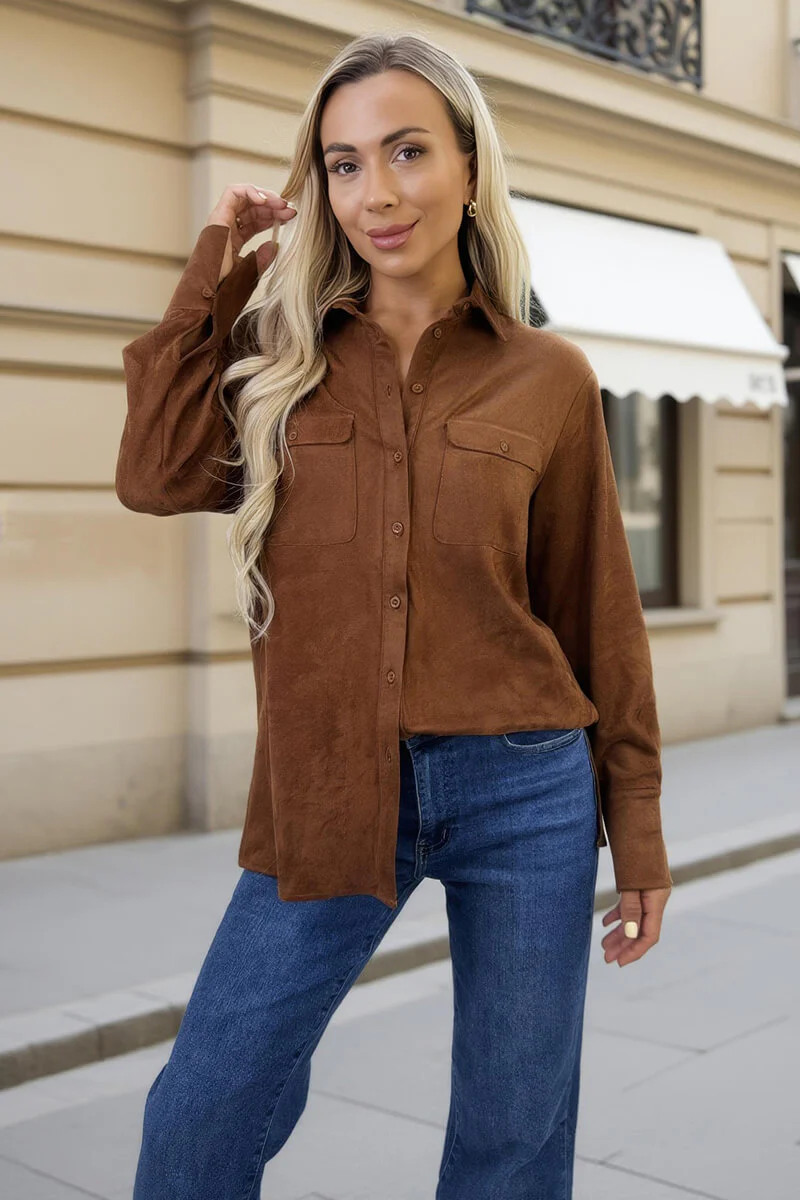 Tan Faux Suede Long Sleeve Utility Shirt - Swimclubus