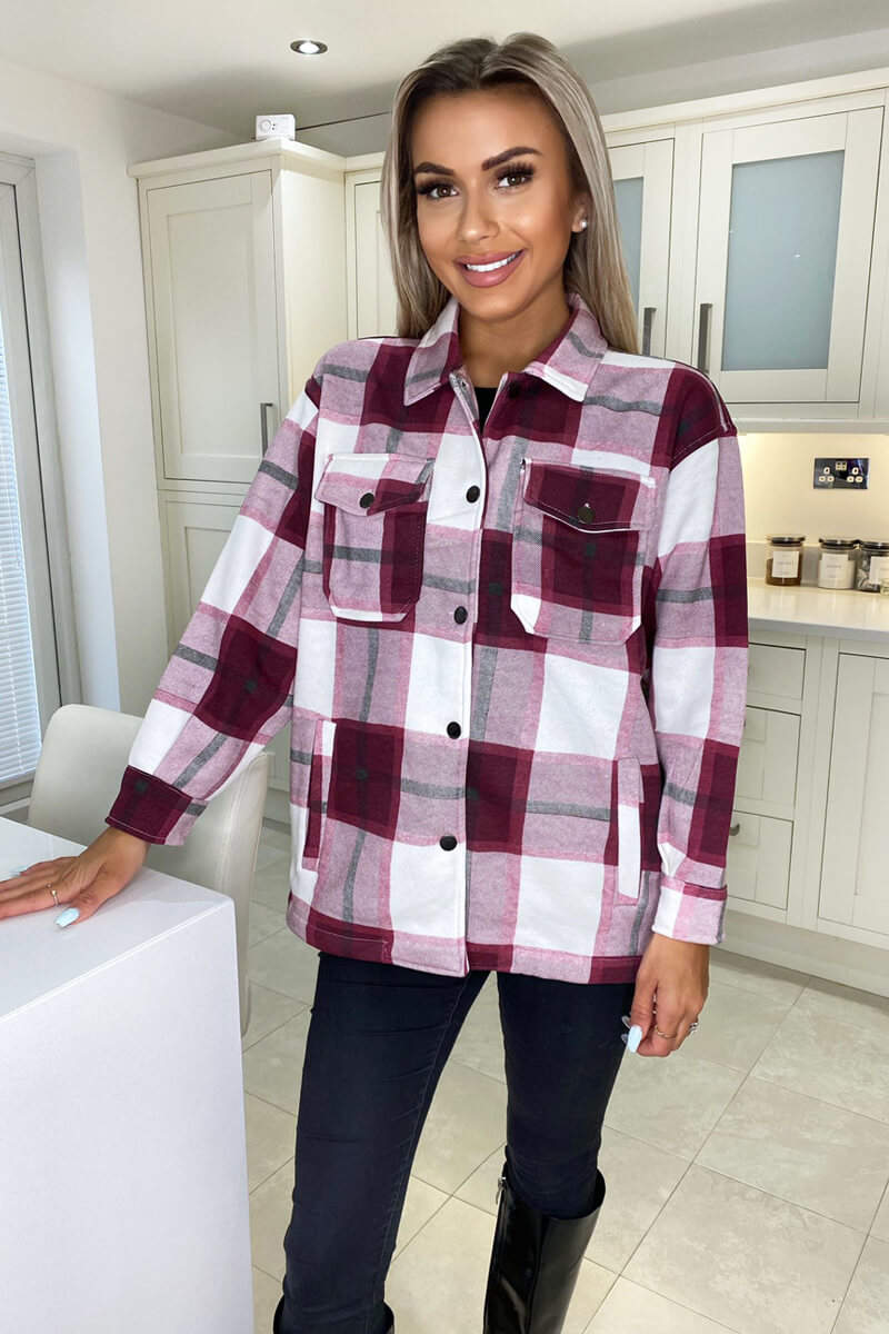 Wine Checked Shirt Jacket - Swimclubus