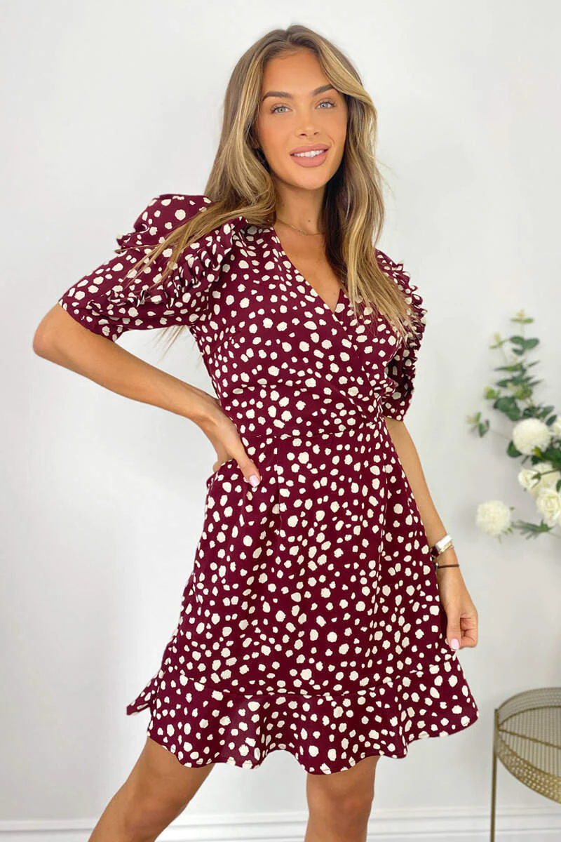 Plum Printed Wrap Over Skater Dress - Swimclubus