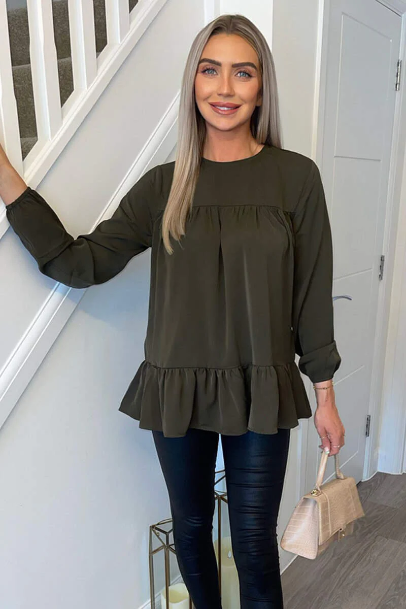 Olive Long Sleeve Round Neck Smock Top - Swimclubus