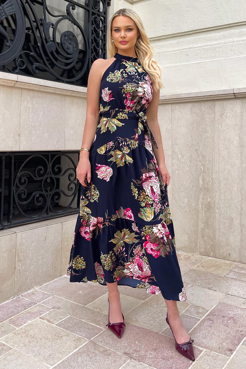 Navy Floral Printed High Neck Tie Belt Midi Dress - Swimclubus