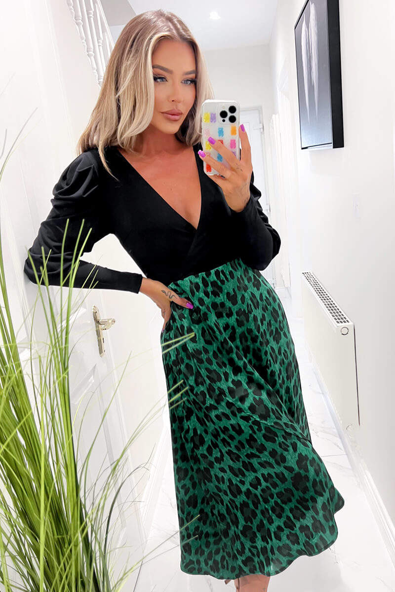Green And Black Animal Print 2 In 1 Long Sleeve Wrap Midi Dress - Swimclubus