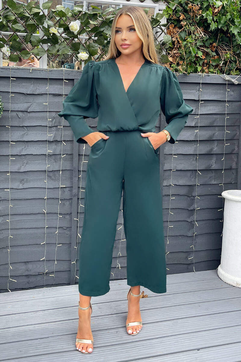 Teal Wrap Top Long Sleeve Culotte Jumpsuit - Swimclubus