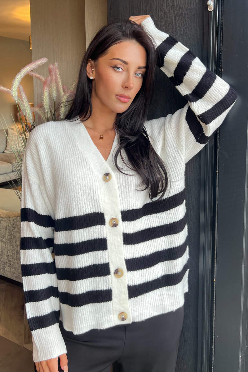 Cream And Black Stripe Knit Button Front Cardigan - Swimclubus