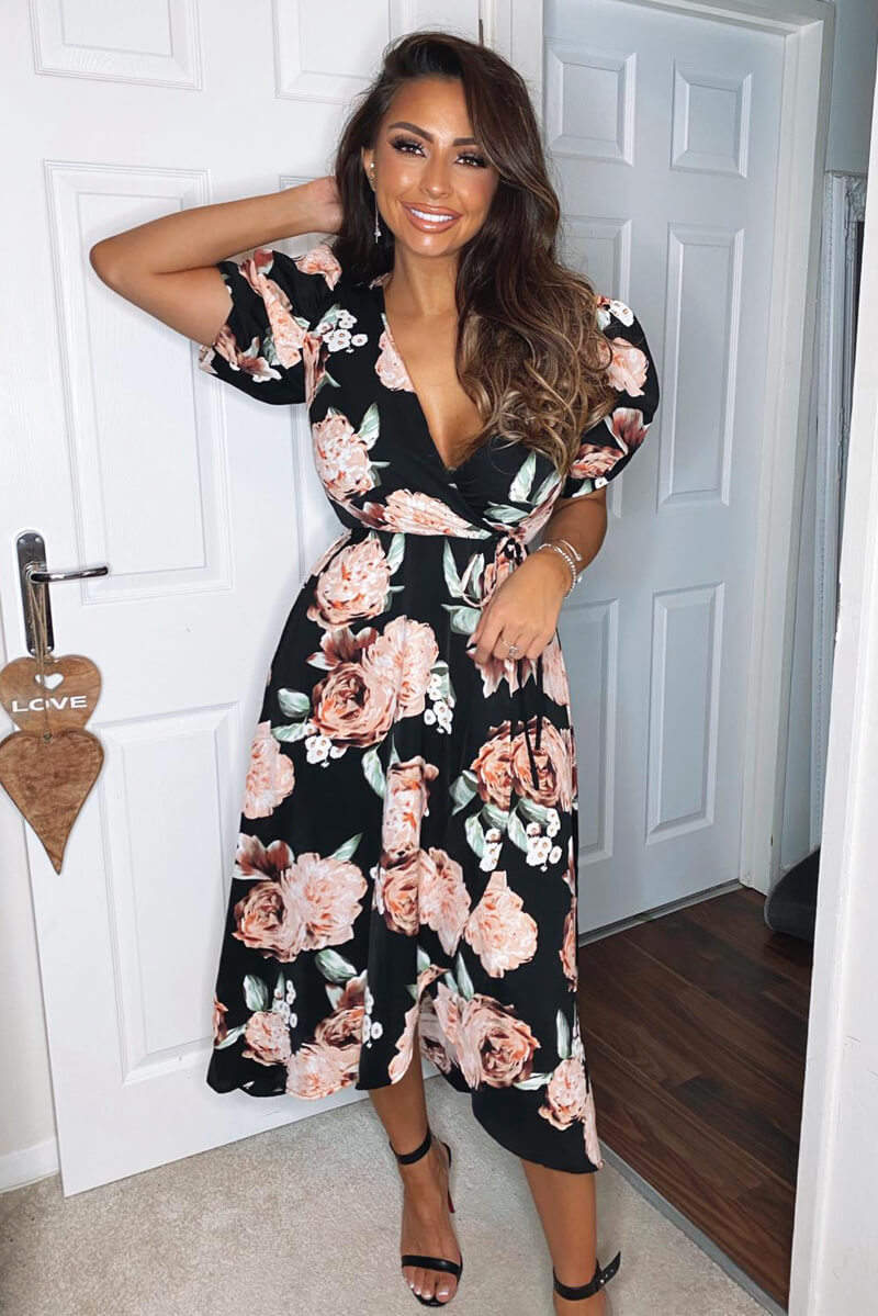 Black Rose Printed Wrap Midi Dress - Swimclubus