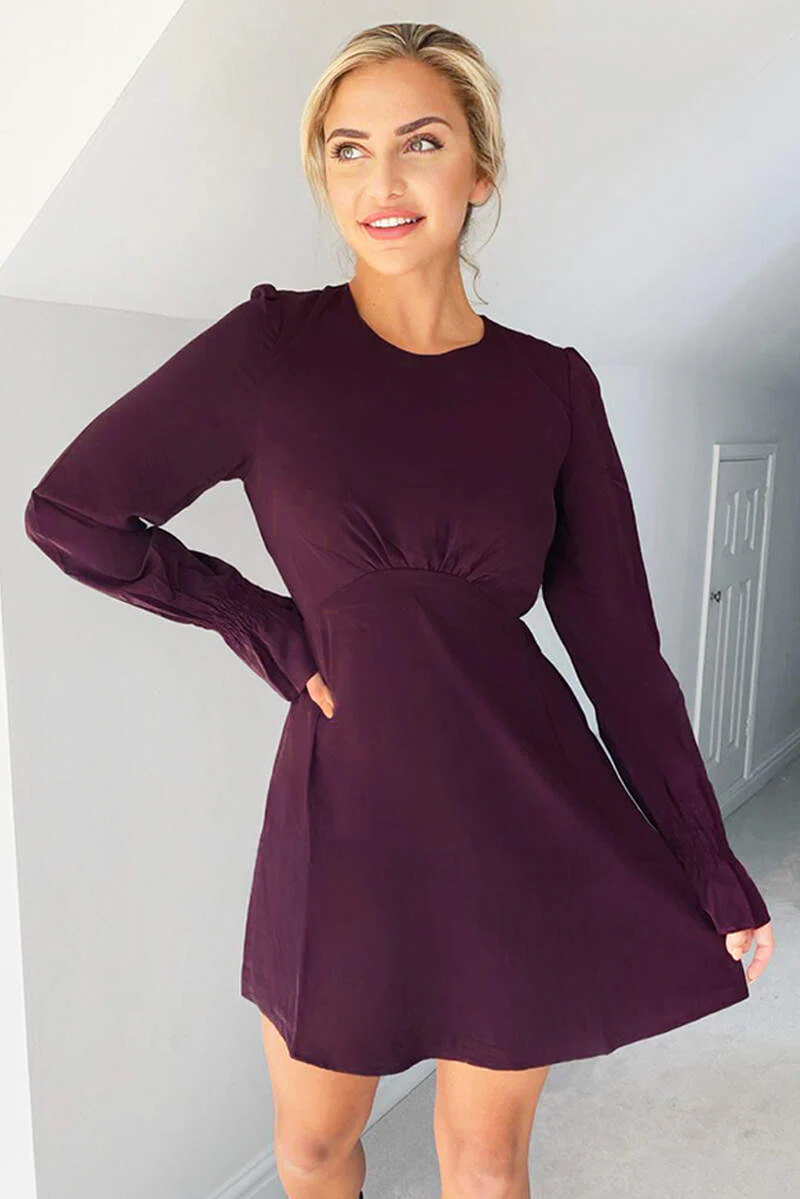 Plum Long Sleeve Skater Dress - Swimclubus