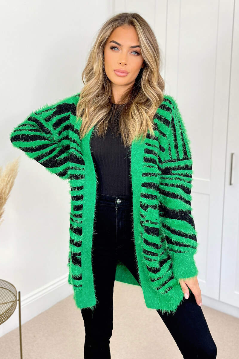 Green And Black Fluffy Knit Long Sleeve Animal Print Cardigan - Swimclubus
