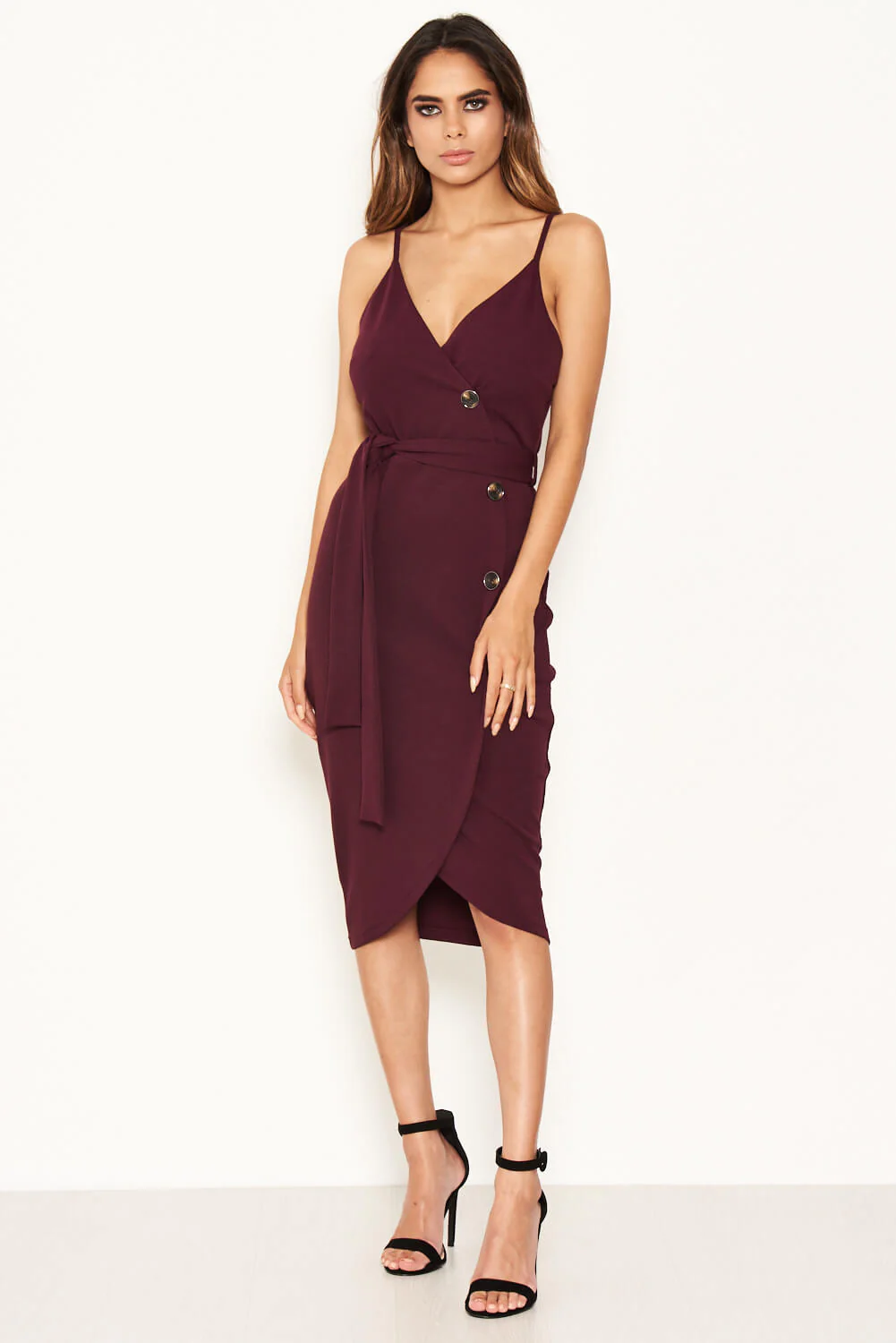 Plum Button Front Detail Bodycon Midi Dress - Swimclubus