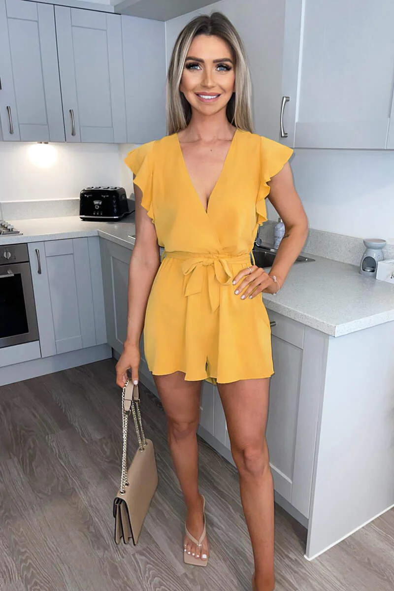 Mustard Wrap Belted Playsuit - Swimclubus