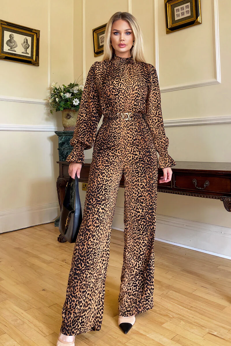 Camel Animal Belted Frill Cuff Sleeve Jumpsuit - Swimclubus