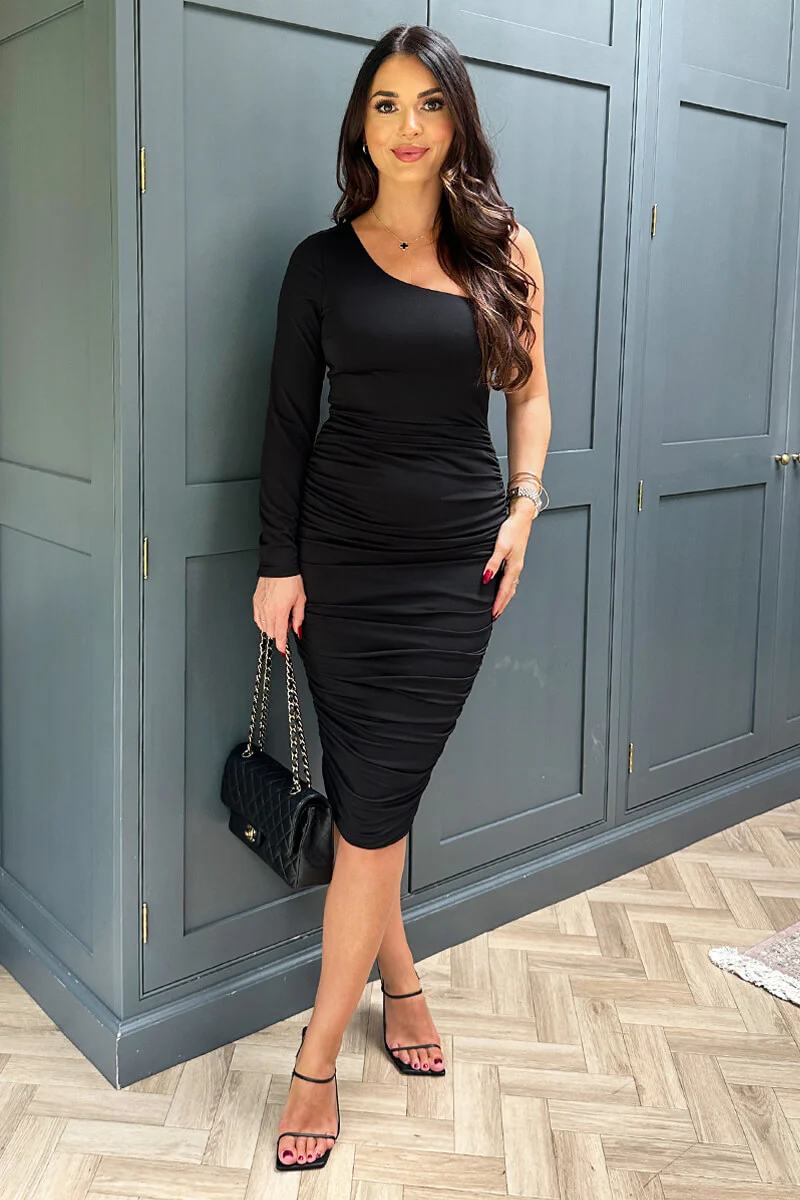 Black One Sleeve Ruched Bodycon Midi Dress - Swimclubus